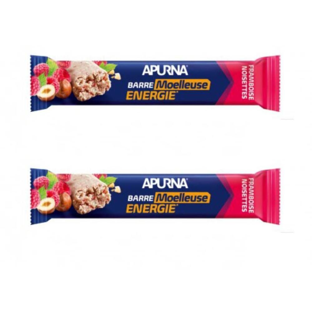 Deux barres APURNA. Emballage bleu avec logo, texte: Barre Moelleuse Energie. Framboises, noisettes et barre énergétique illustrées.
