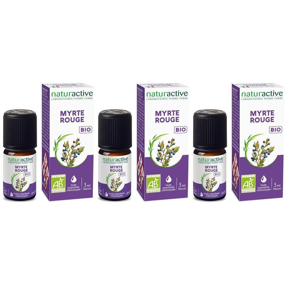 Trois flacons d'huile essentielle BIO Myrte rouge Naturactive avec leurs boîtes.