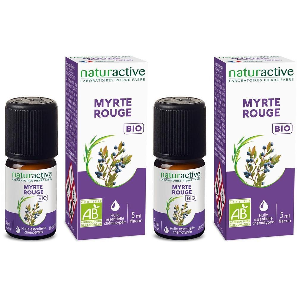 Deux flacons d'huile essentielle Naturactive Myrte Rouge BIO, 5ml, avec emballage.