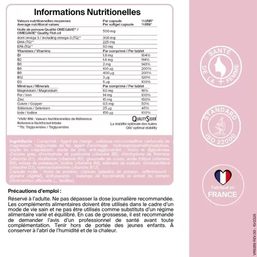 Informations nutritionnelles pour capsules d'huile de poisson Oméga-3, DHA et EPA. Contient vitamines et minéraux.
