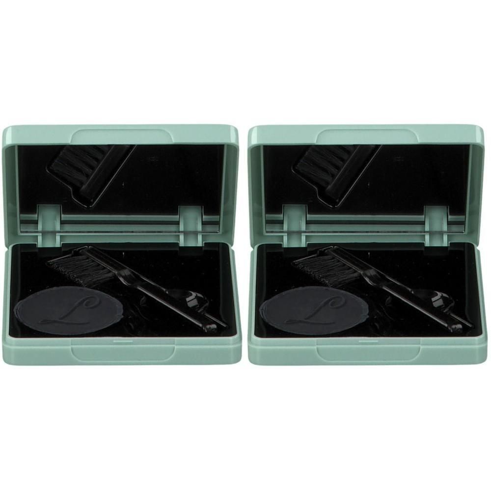 Deux coffrets de mascara verts. Chaque coffret contient une brosse et une palette de mascara noire ronde avec un logo.