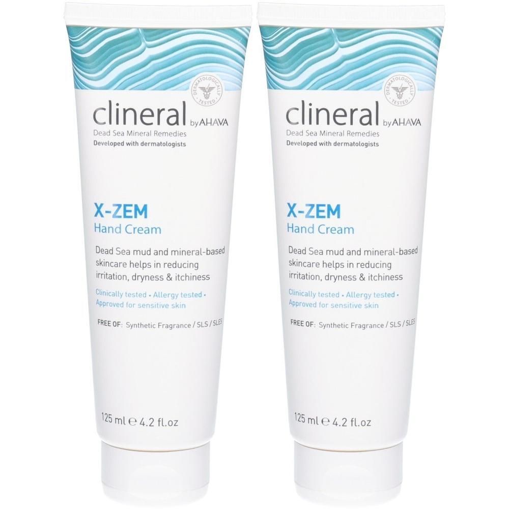 Deux tubes de crème pour les mains. Blancs, motif vagues bleu et texte. Contient X-ZEM, clineral by AHAVA. 125 ml.