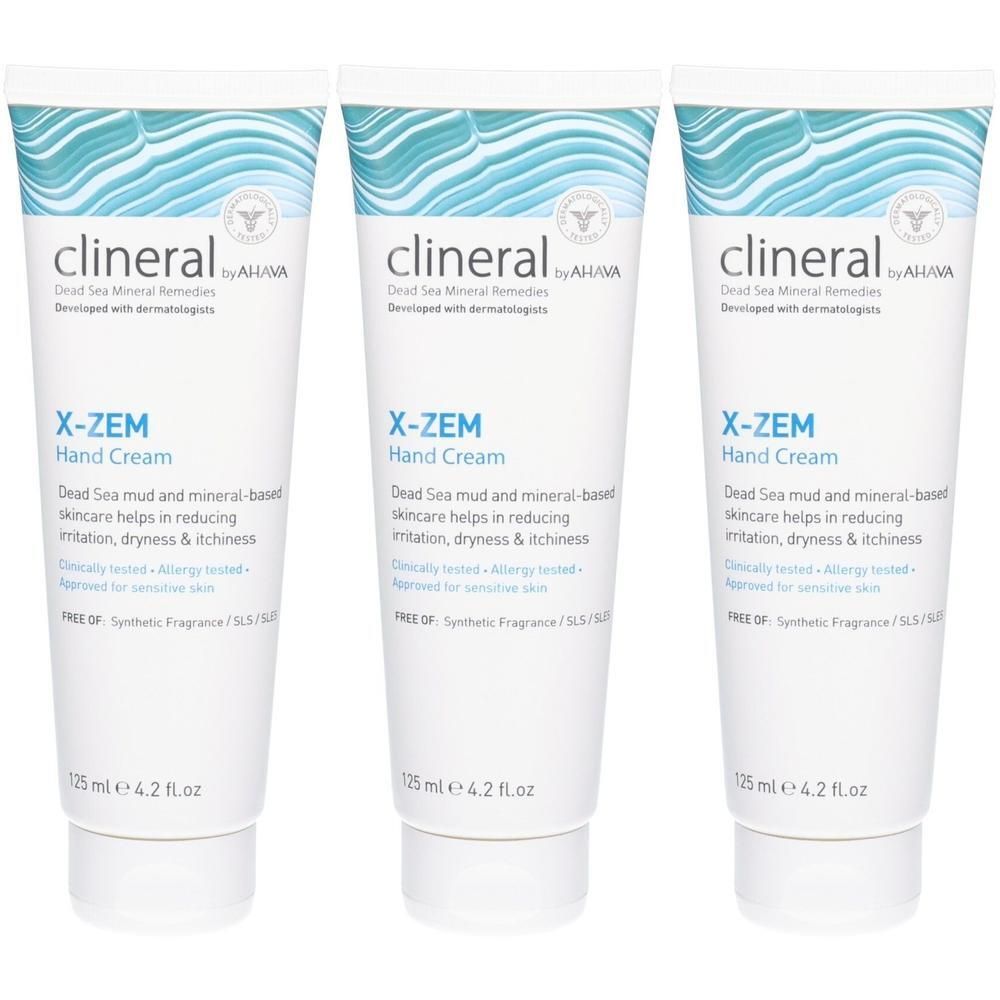 Trois tubes de crème pour les mains. Blancs, motif vagues bleues. Inscription: Clineral X-ZEM Hand Cream. 125 ml.