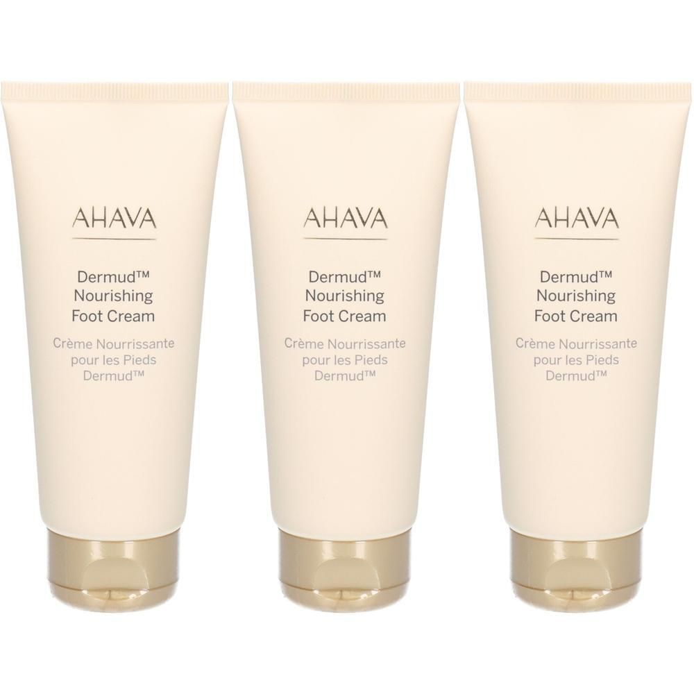 Trois tubes de crème pour les pieds. AHAVA, Dermud, Nourishing Foot Cream. Crème Nourrissante pour les Pieds est écrit.