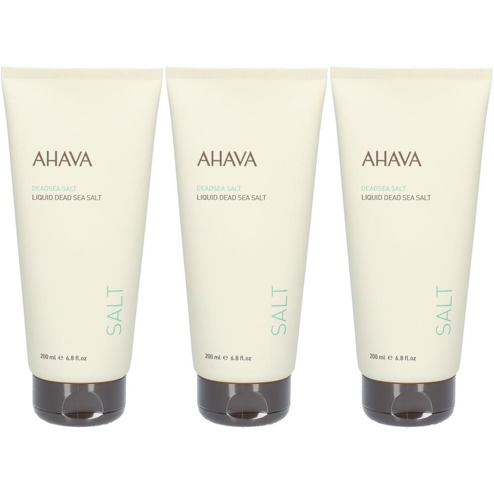 Trois tubes crème. Inscription "AHAVA" et "LIQUID DEAD SEA SALT". Bouchon noir. Texte "SALT" en vert sur chaque tube.