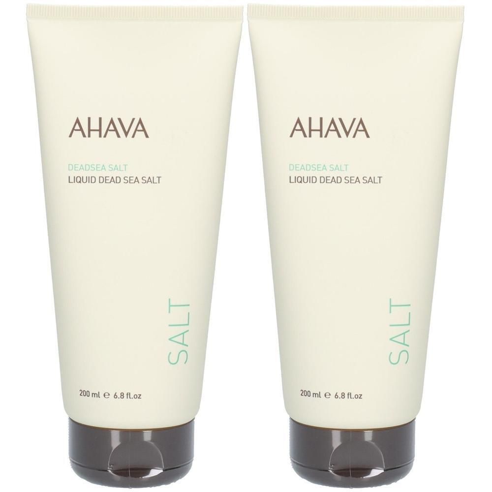 Deux tubes AHAVA Deadsea Salt. Inscription: Liquid Dead Sea Salt. En bas: 200 ml. Tubes beiges avec bouchons marron.