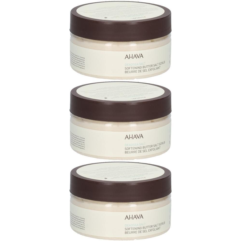 Trois pots avec couvercles bruns. Les étiquettes indiquent AHAVA et d'autres désignations de produits.