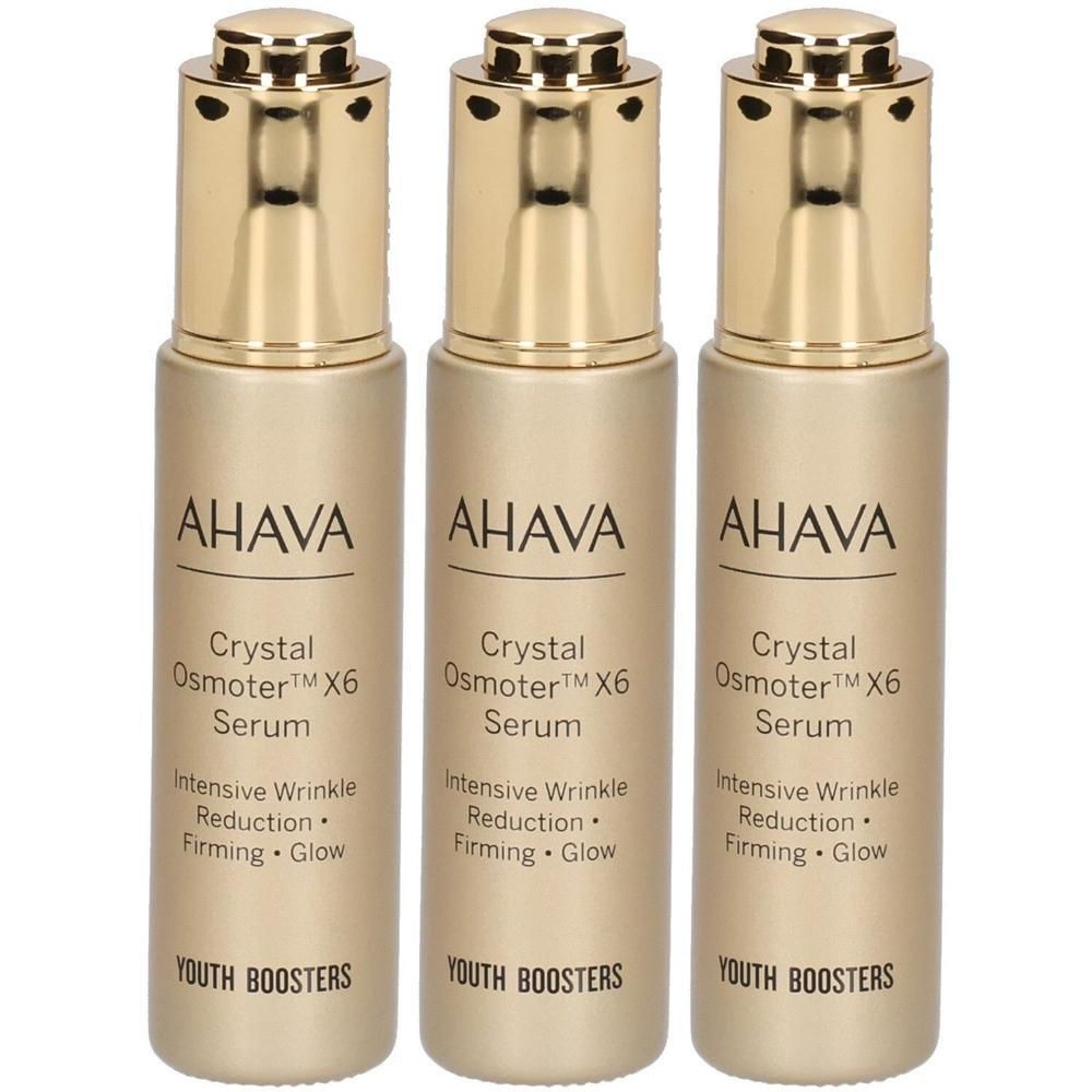 Trois flacons avec bouchons dorés. Inscription AHAVA, Crystal Osmoter X6 Serum, Youth Boosters. Pour la réduction intensive des rides.