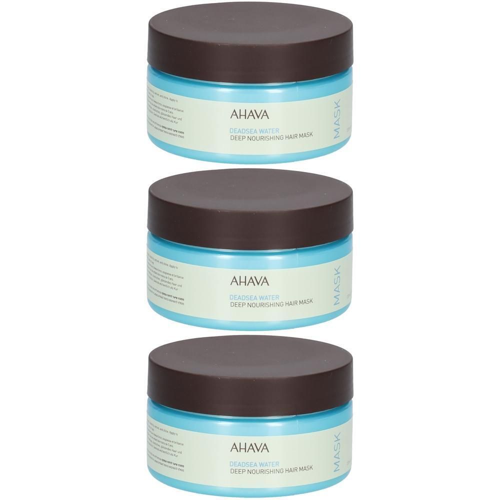 Trois pots avec couvercles marron et contenants bleu clair. Inscription AHAVA, Deep Nourishing Hair Mask. Sur fond blanc.