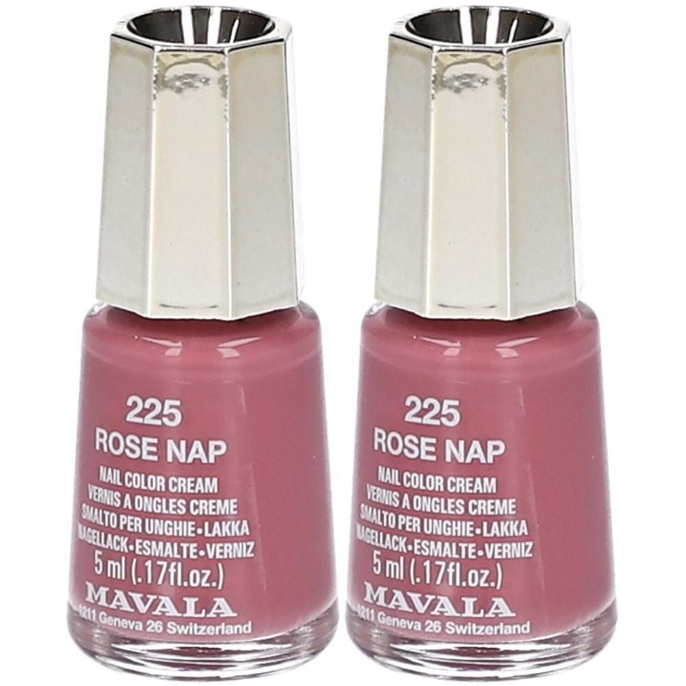 Deux flacons de vernis à ongles roses. Inscription : 225 Rose Nap, Nail Color Cream, MAVALA. Bouchon argenté.