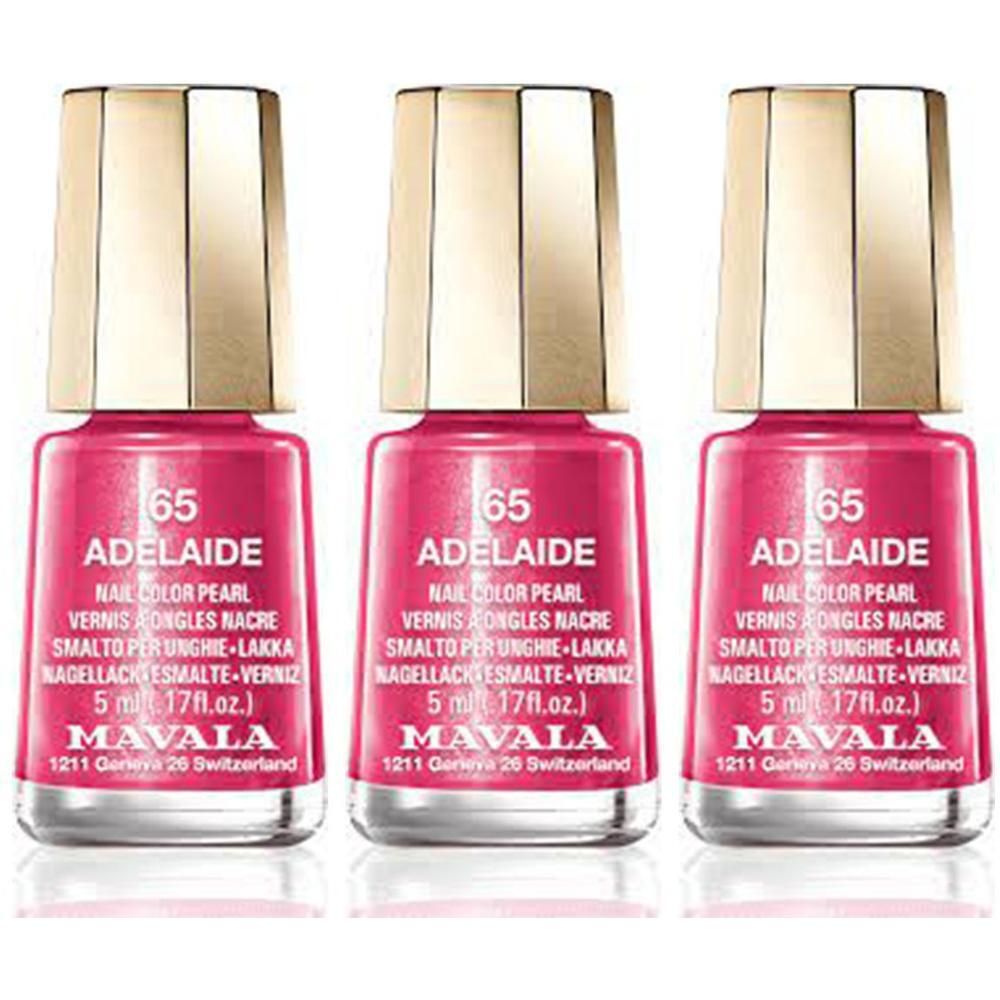 Trois flacons de vernis à ongles roses, bouchons dorés. Inscription: 65 ADELAIDE, MAVALA. 5 ml.