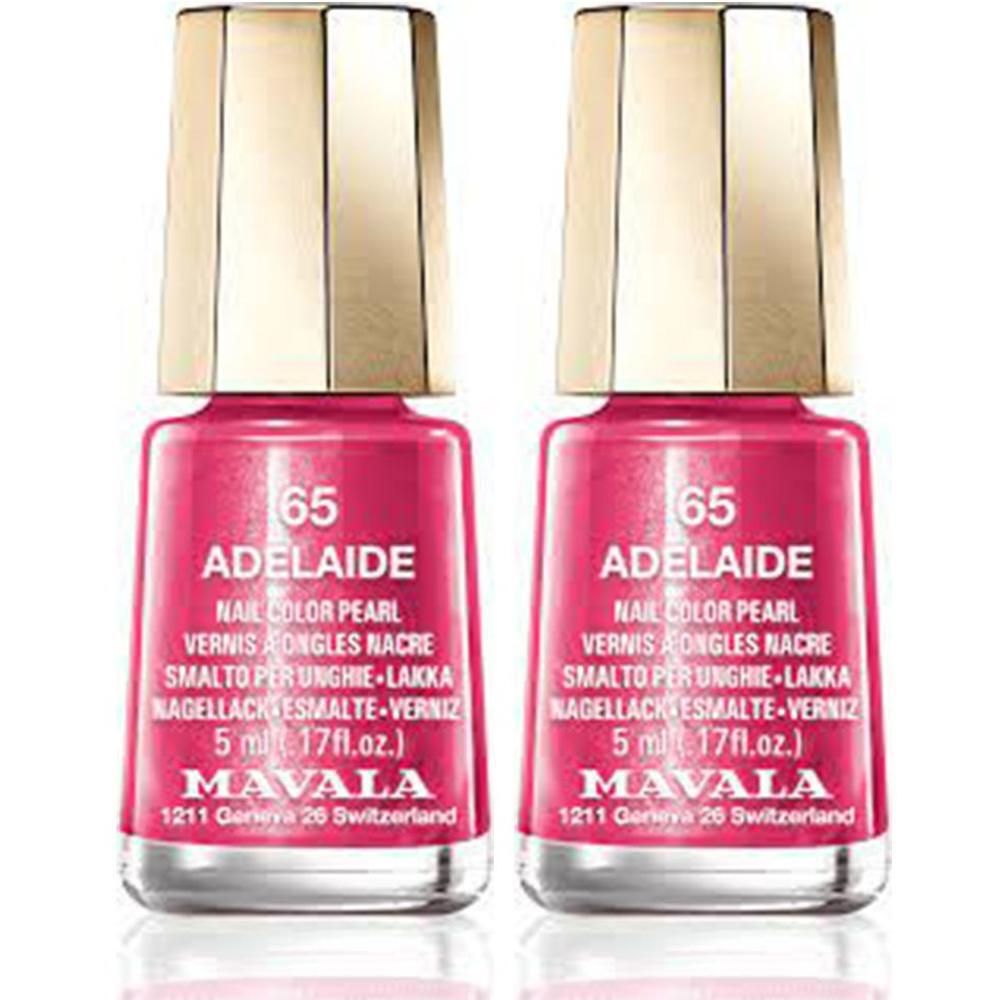 Deux flacons de vernis à ongles roses avec bouchons dorés. Inscription: ADELAIDE, MAVALA. 5 ml.