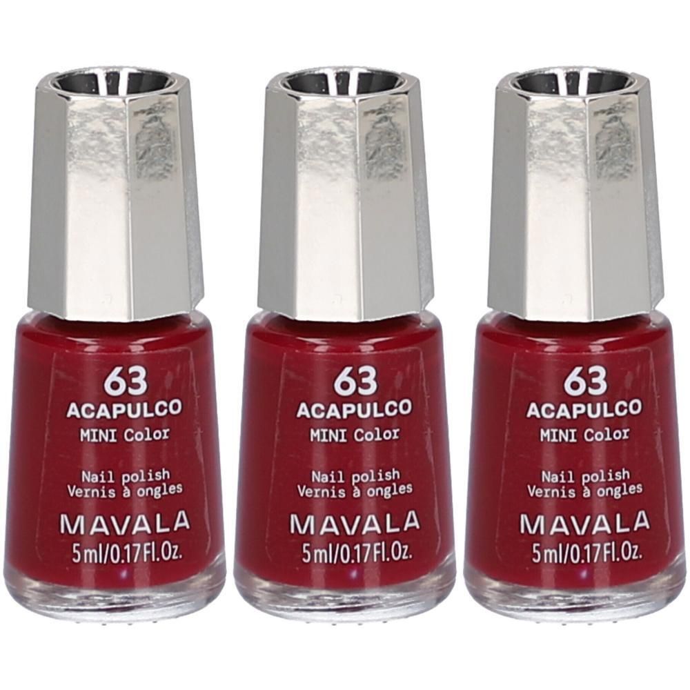 Trois vernis à ongles rouges, bouchon argenté. Inscription: 63 ACAPULCO MINI Color, MAVALA, 5ml/0.17Fl.Oz.
