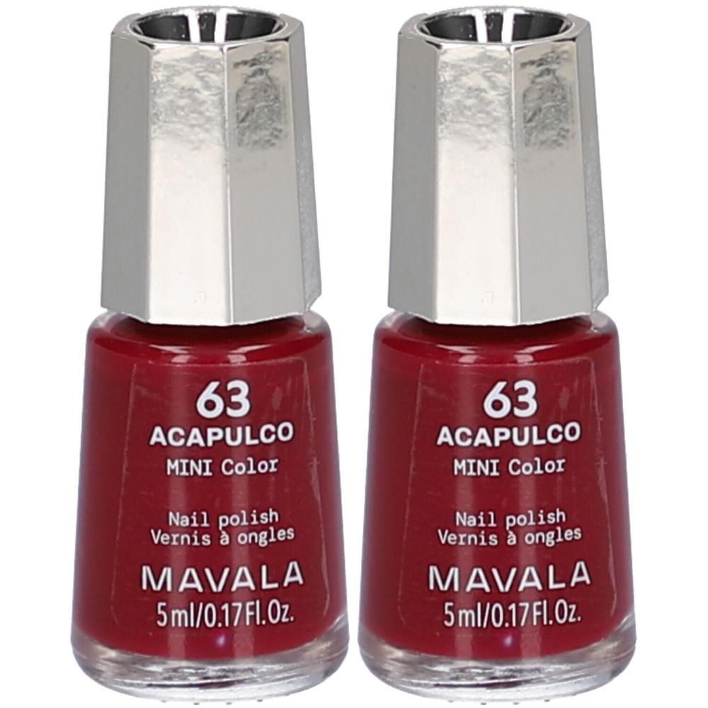 Deux flacons de vernis à ongles rouge bordeaux. Bouchons argentés. Inscription: 63 ACAPULCO MINI Color, MAVALA, 5ml.