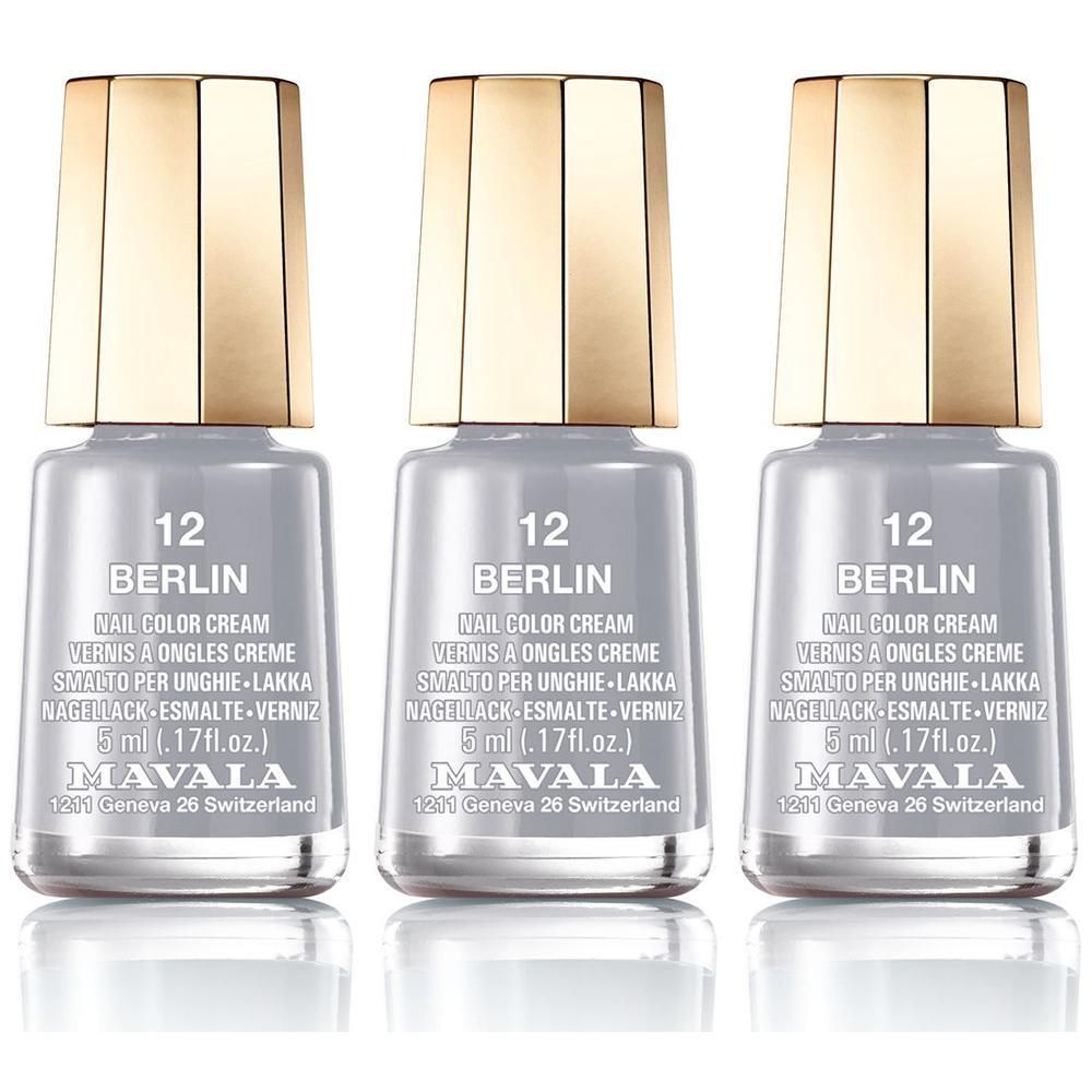 Trois flacons de vernis à ongles gris, bouchon doré. Inscription: 12 BERLIN, MAVALA. 5 ml.