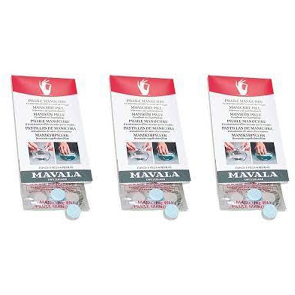 Trois emballages de comprimés. Chaque emballage contient des comprimés et une brochure avec texte et logo. La marque est MAVALA.