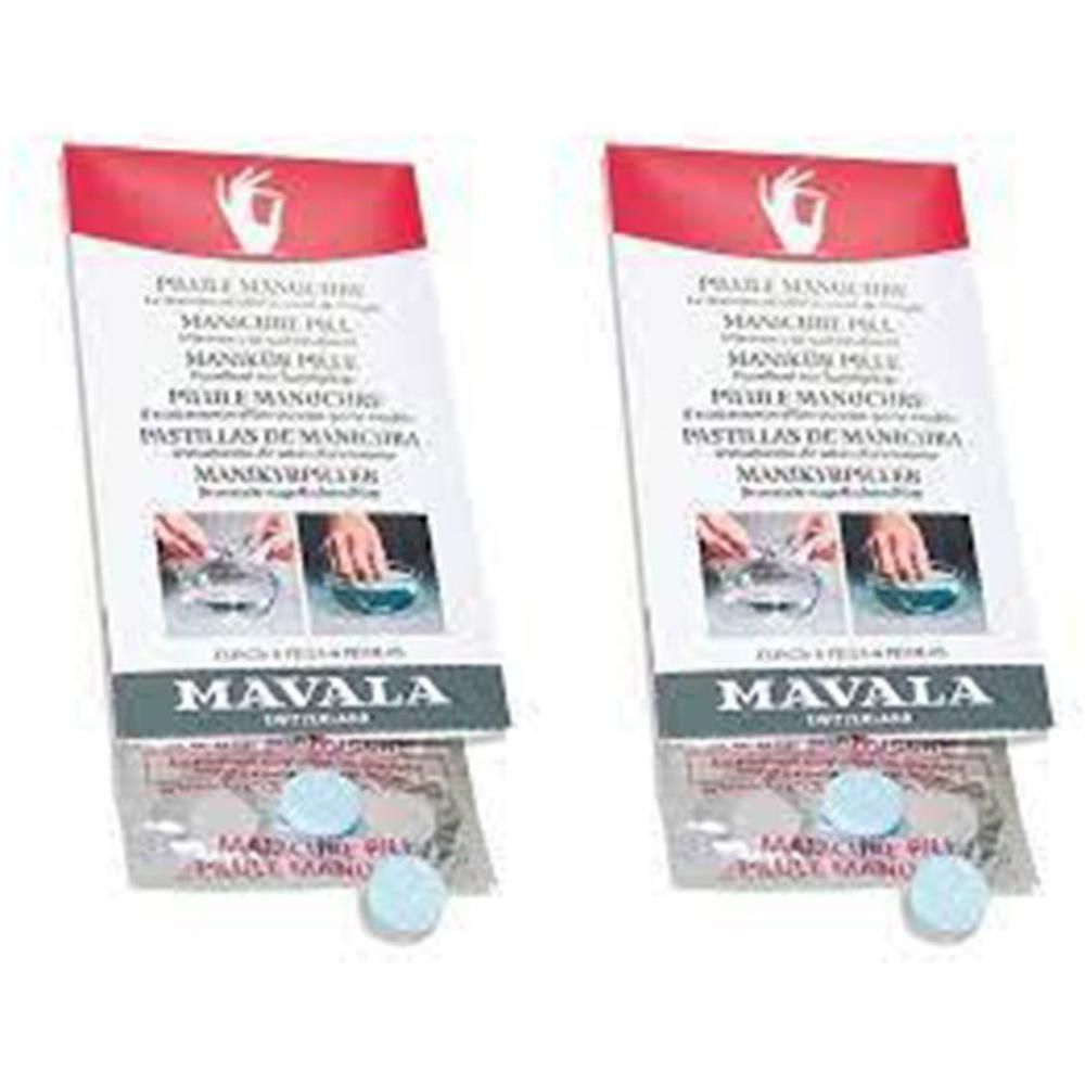 Deux paquets de comprimés effervescents pour manucure MAVALA. Chaque paquet contient des comprimés en blister. Inscriptions multilingues.
