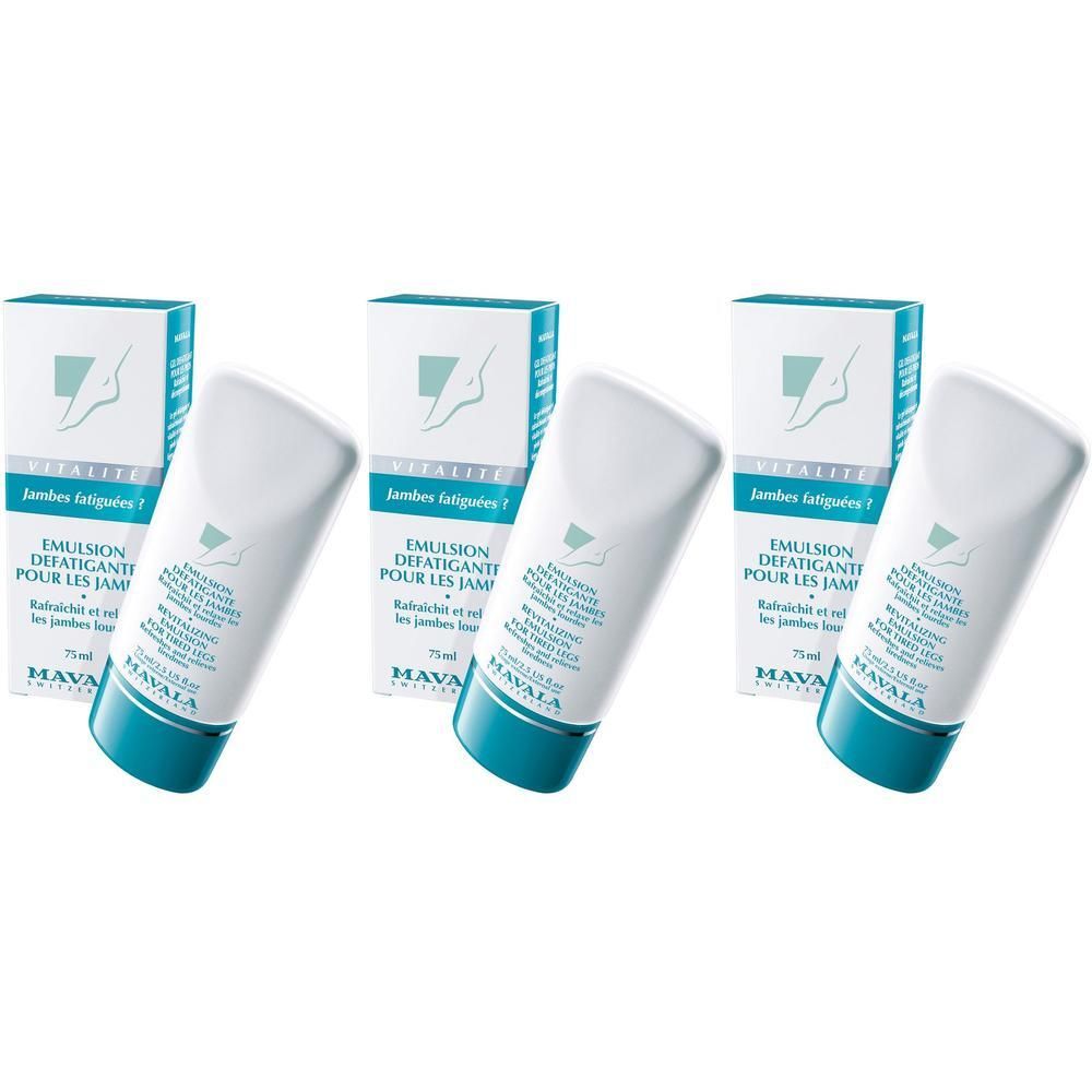 Trois tubes blancs avec accents turquoise et emballages. Inscription: EMULSION DEFATIGANTE POUR LES JAMBES. Marque MAVALA.
