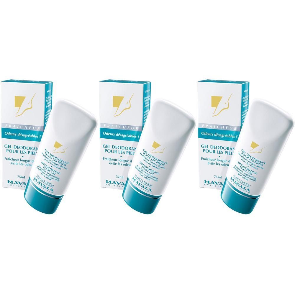 Trois tubes et trois boîtes. Sur les tubes, "GEL DEODORANT POUR LES PIEDS". Sur les boîtes, une illustration de pied.