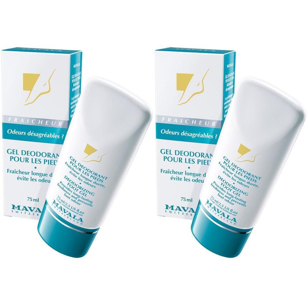 Deux gels déodorants blancs avec base turquoise et emballage. Inscription : GEL DÉODORANT POUR LES PIEDS, MAVALA.