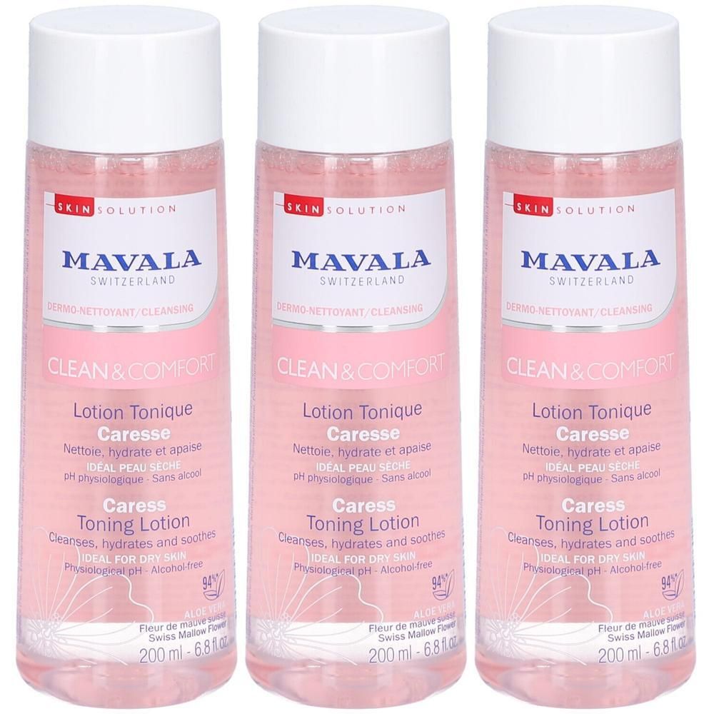 Trois flacons de Lotion Tonique MAVALA CLEAN & COMFORT. Liquide rose, bouchon blanc. Texte: Caresse Toning Lotion, idéal pour peaux sèches.