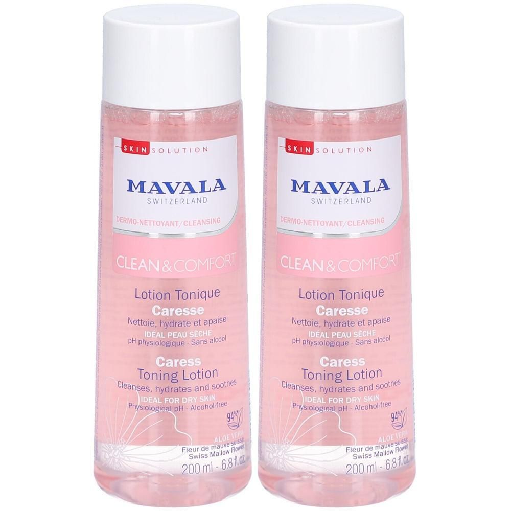 Deux flacons de liquide rose. Inscription: MAVALA, CLEAN & COMFORT, Lotion Tonique Caresse, Toning Lotion. Bouchons blancs.
