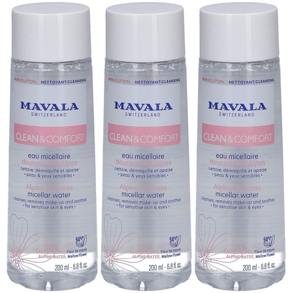 Trois flacons transparents avec bouchons blancs. Inscription: MAVALA, CLEAN & COMFORT, eau micellaire. Pour peaux et yeux sensibles.