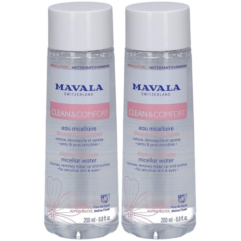 Deux flacons de MAVALA CLEAN & COMFORT eau micellaire. Bouchons blancs, flacons transparents avec étiquettes roses. Texte: eau micellaire, 200ml.