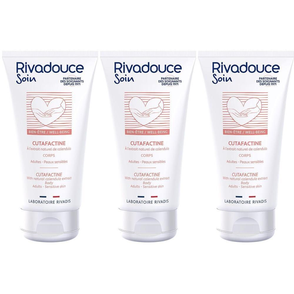 Trois tubes blancs. Inscription "Rivadouce Soin" et "CUTAFACTINE" sur chaque tube.