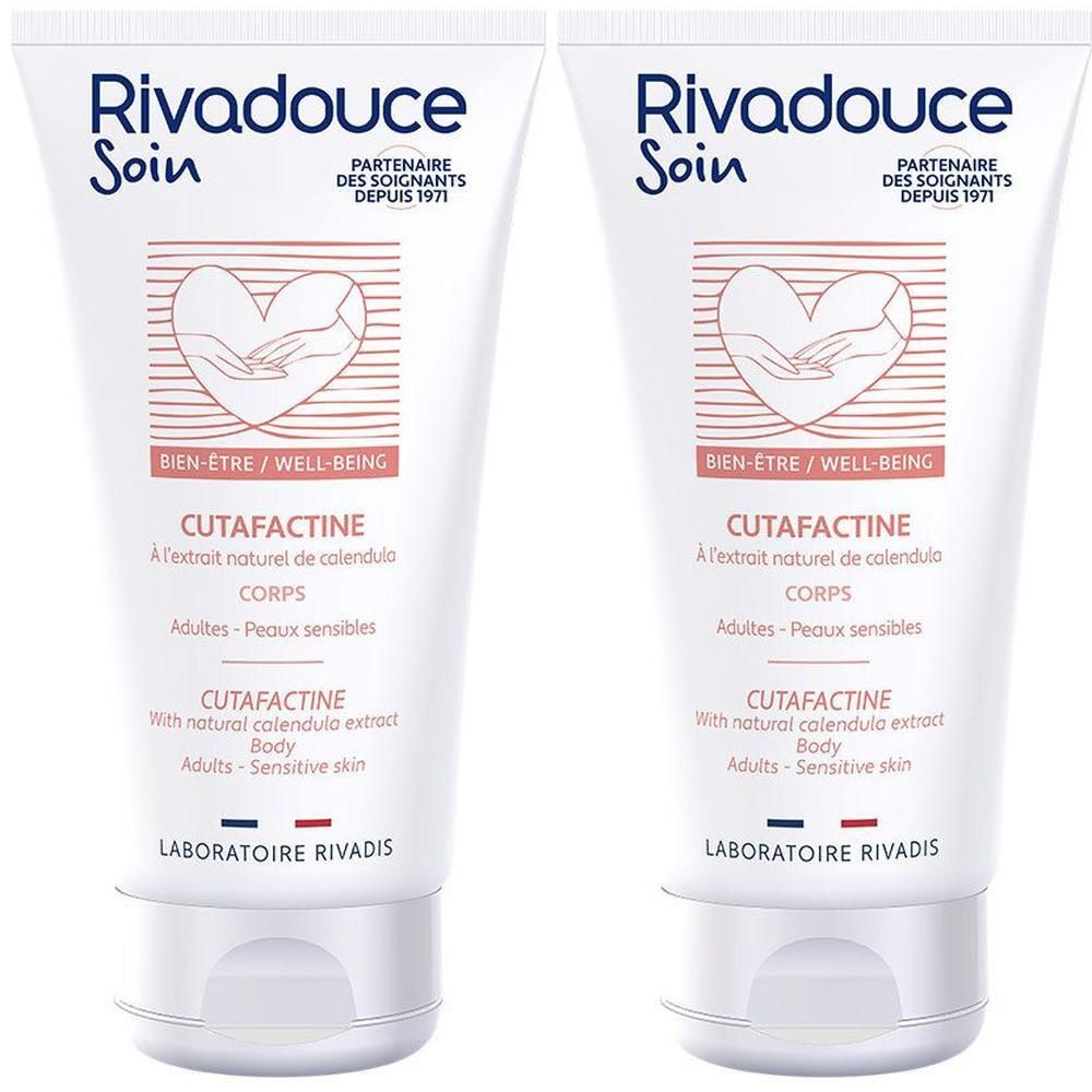 Deux tubes de crème. Blancs, avec impression. Texte: Rivadouce, Soin, CUTAFACTINE, Bien-Être/Well-Being, Corps. Logo: cœur avec mains.