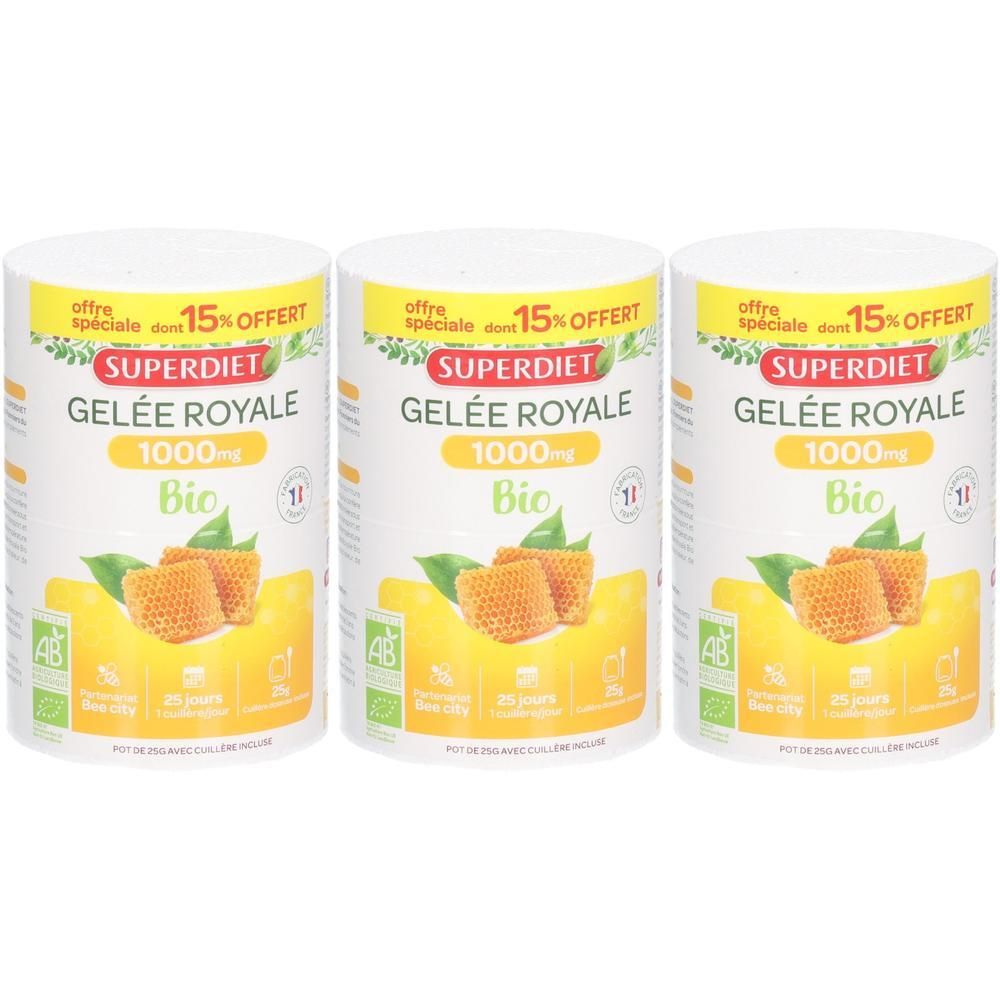 Trois boîtes Superdiet Gelée Royale 1000 mg Bio avec motif nid d'abeille. Offre 15%.