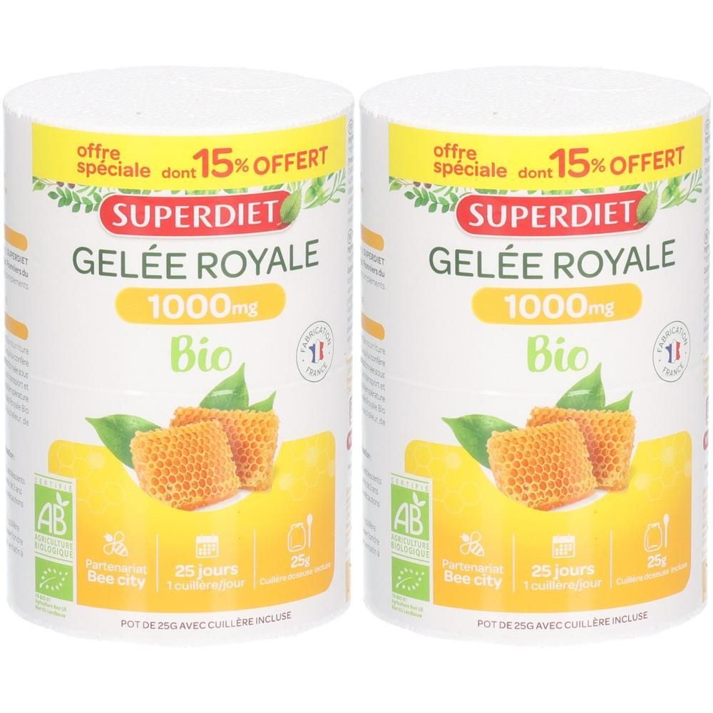 Deux pots de Superdiet Gelée Royale 1000mg Bio avec illustration de rayons de miel et label Bio.