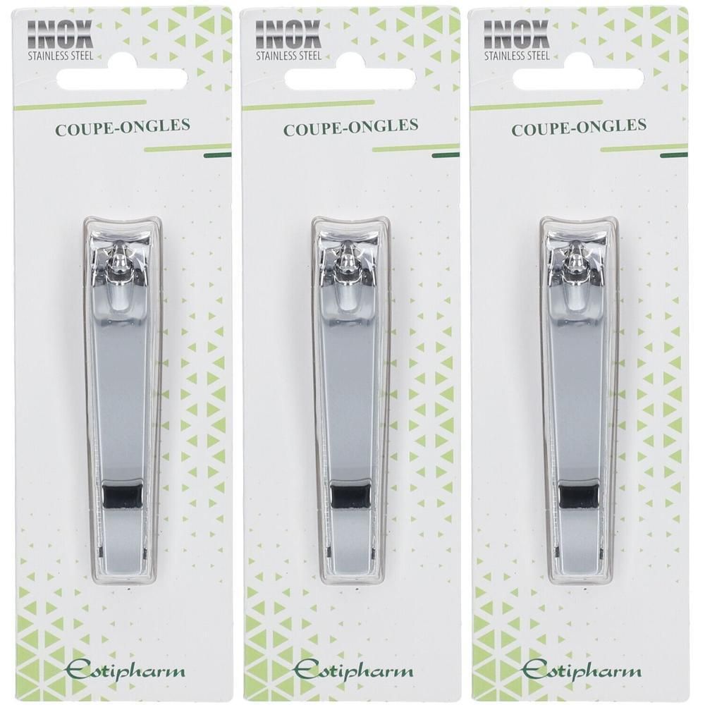 Trois coupe-ongles Estipharm en acier inoxydable, emballés individuellement.