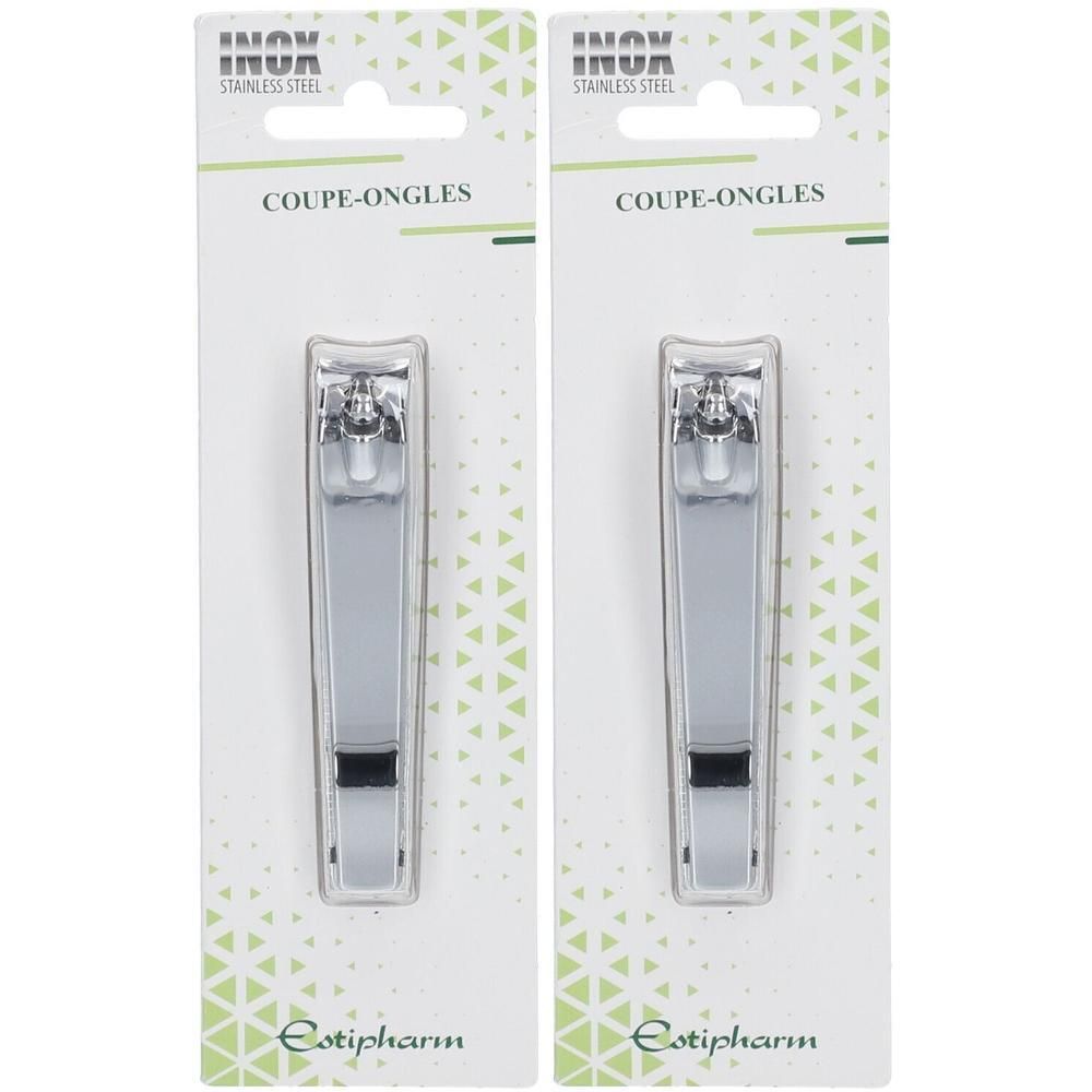 Deux coupe-ongles en acier inoxydable, emballés en argent, marque "Estipharm".