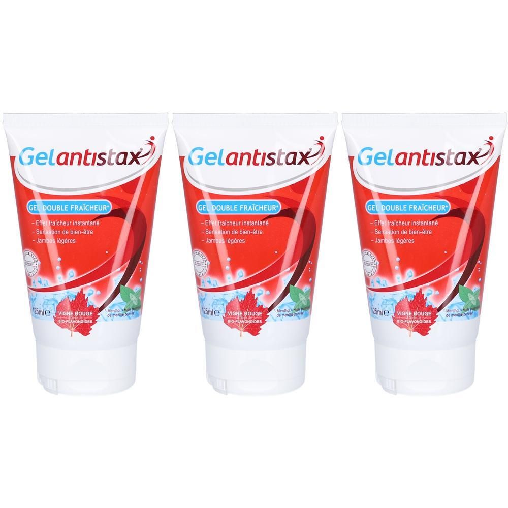 Trois tubes blancs et rouges. Inscription Gelantistax. Texte: Double Fraicheur. Motif feuille rouge.