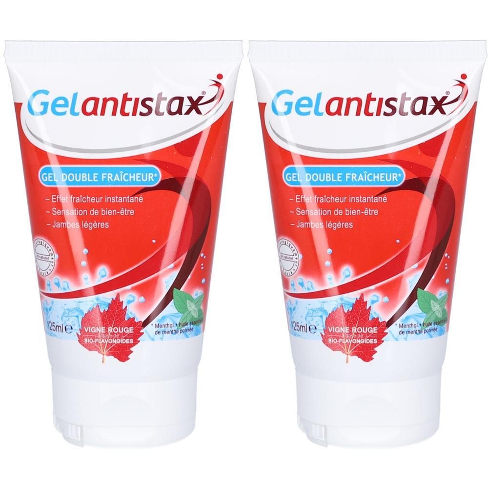 Deux tubes rouges et blancs. Inscription Gelantistax. Texte: Gel Double Fraicheur. Motif feuille rouge.