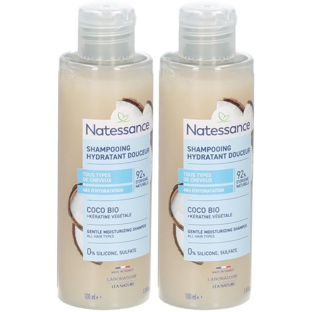 Deux flacons de shampooing. Inscription: Natessance, Shampooing hydratant douceur, Coco Bio, Keratine végétale. 0% silicone, sulfate.