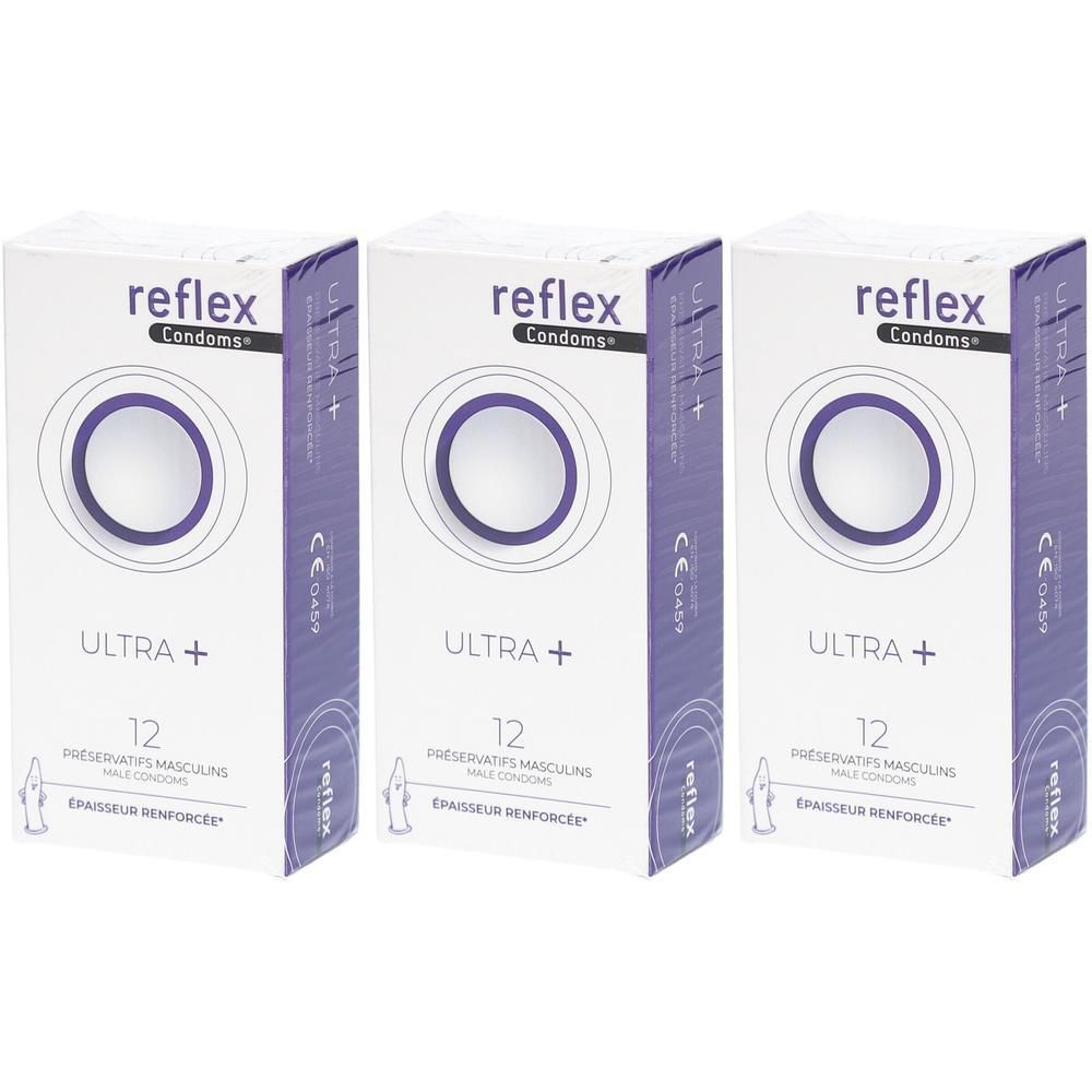 Trois paquets de préservatifs Reflex Ultra+, 12 par paquet. Épaisseur renforcée.