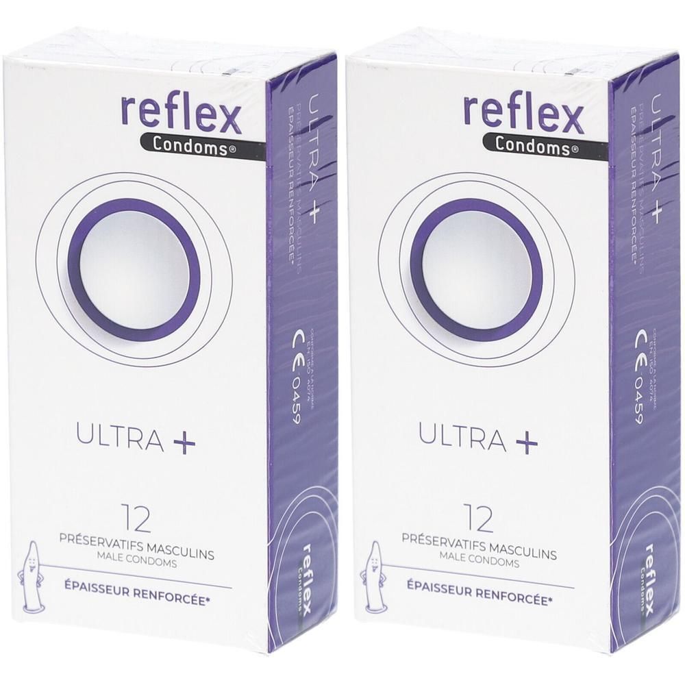 Deux boîtes de Reflex Ultra+ préservatifs, 12 par boîte. Marquage CE 0459.