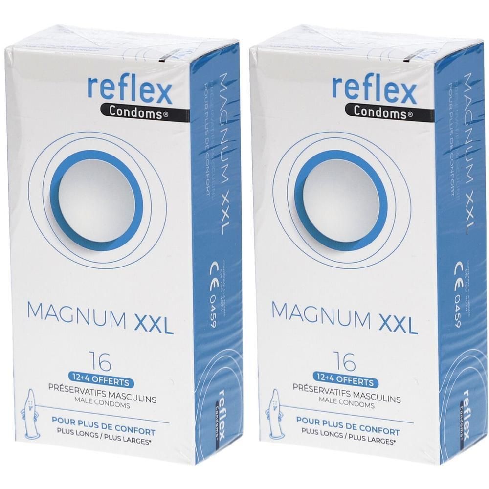 Deux boîtes de préservatifs. Inscription: reflex Condoms, MAGNUM XXL, 16 unités. Emballage blanc et bleu avec motif circulaire.