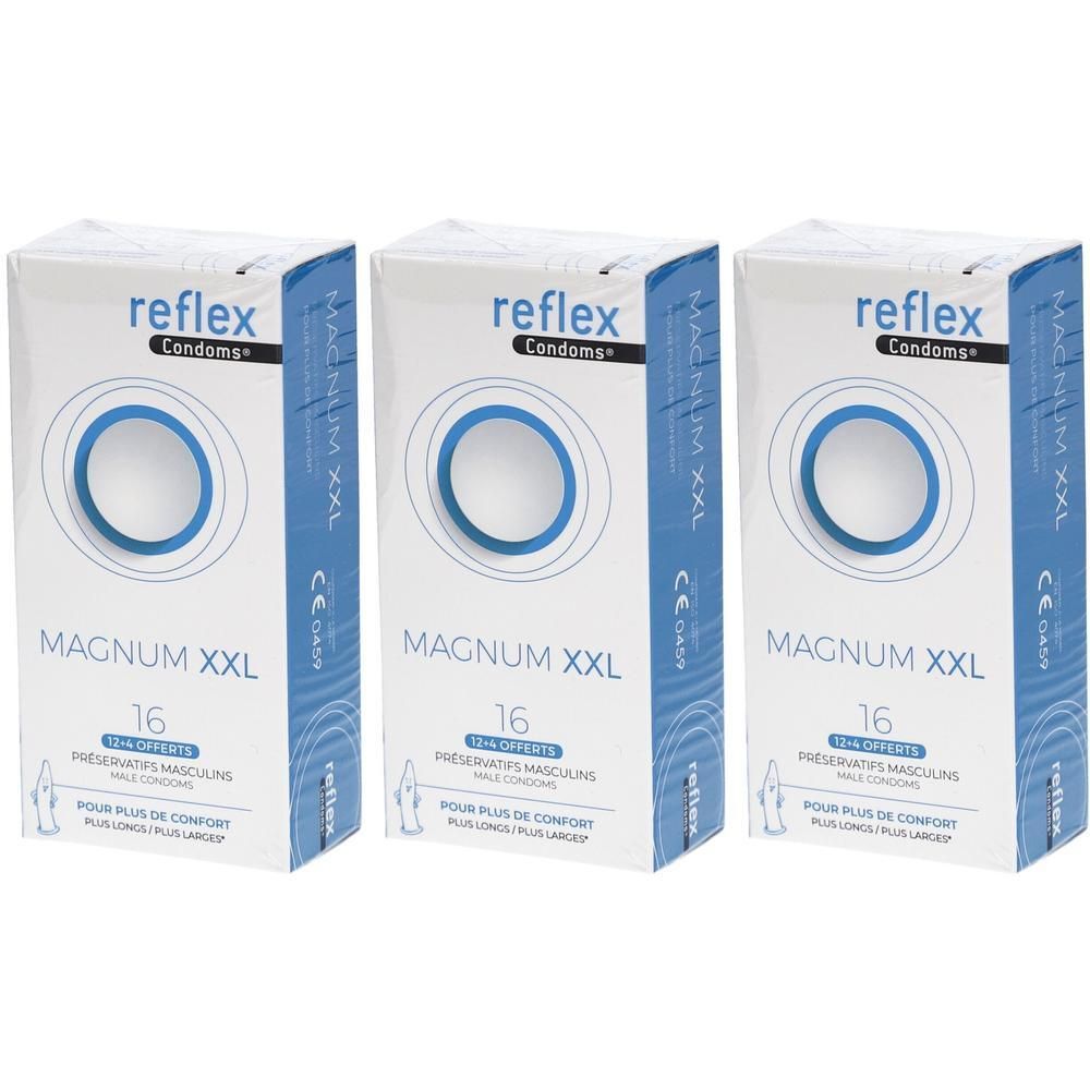 Trois boîtes de préservatifs. Inscription: reflex Condoms, MAGNUM XXL, 16 unités. Emballage bleu et blanc.
