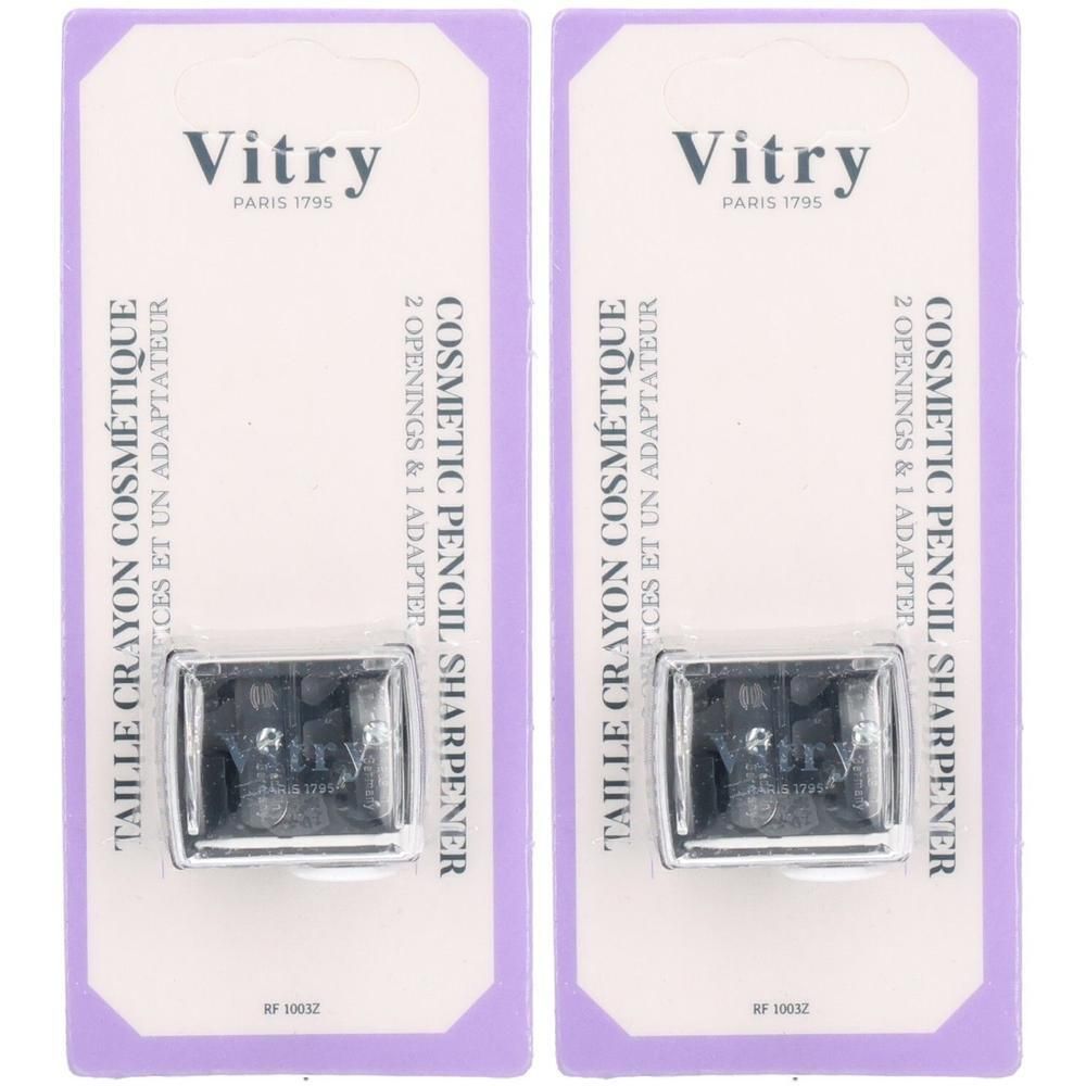Deux taille-crayons cosmétiques Vitry. Emballage avec texte: Taille Crayon Cosmétique, 2 ouvertures & 1 adaptateur.