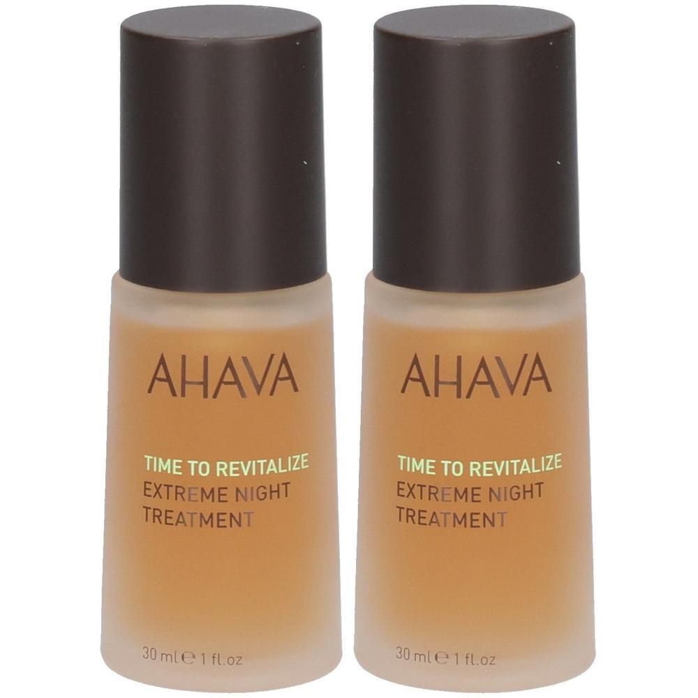 Deux flacons avec bouchons marron. Inscription AHAVA, TIME TO REVITALIZE, EXTREME NIGHT TREATMENT. 30 ml.