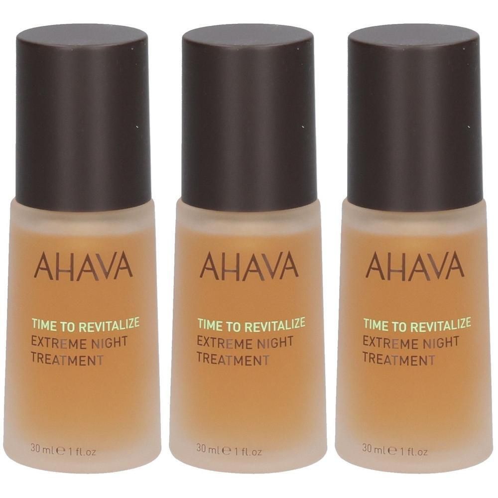Trois flacons avec des bouchons marron. Chaque flacon porte l'inscription "AHAVA TIME TO REVITALIZE EXTREME NIGHT TREATMENT".