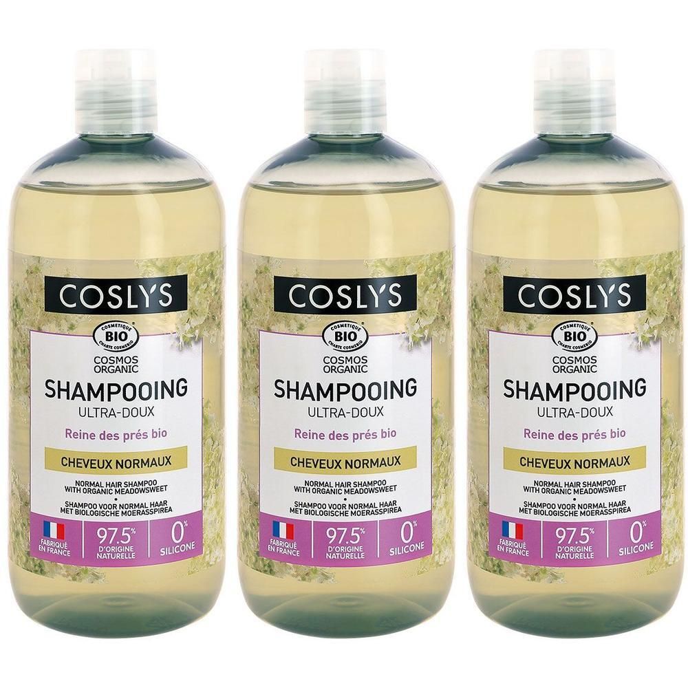 Trois flacons de COSLYS SHAMPOOING ULTRADOUX. Shampooing bio pour cheveux normaux. Étiquette florale, logo français.