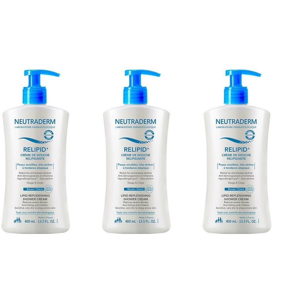 Trois flacons blancs avec pompe bleue. Inscription: NEUTRADERM RELIPID+ CRÈME DE DOUCHE RELIPIDANTE. 400 ml.