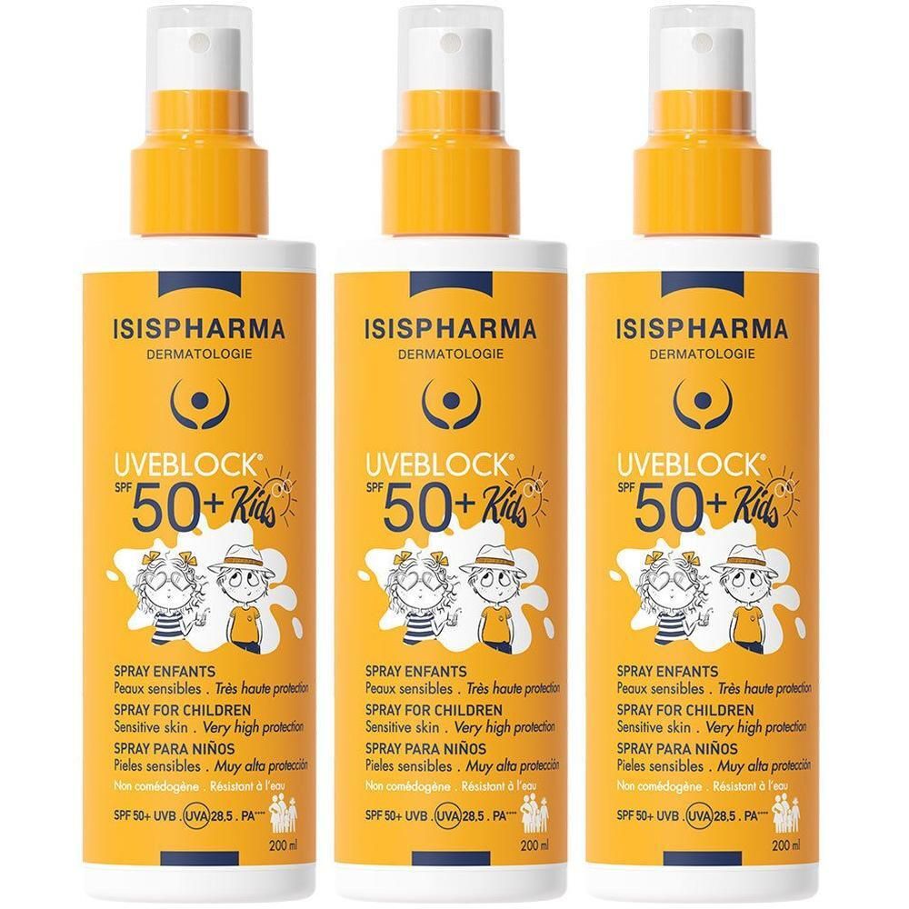 Trois flacons de spray solaire. Flacons jaunes avec étiquette blanche. Inscription: UVEBLOCK SPF 50+ Kids. Illustration d'enfants.