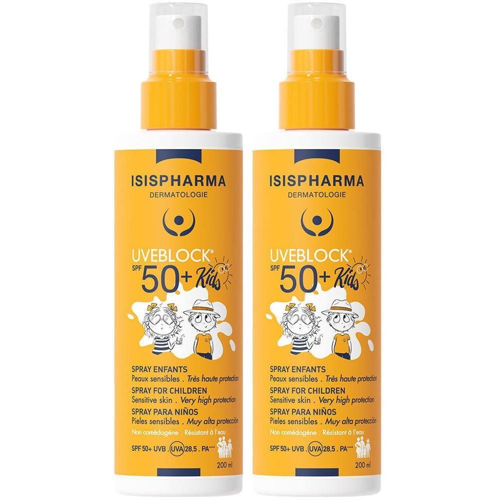 Deux flacons spray avec bouchon jaune. Inscription: UVEBLOCK SPF 50+ Kids. Illustration d'enfants. Marque: ISISPHARMA.