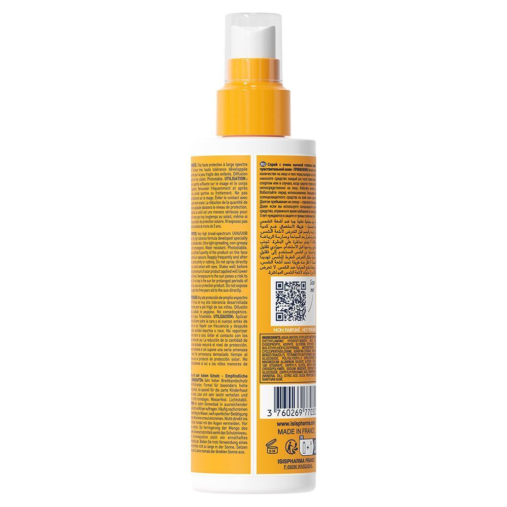 Dos d'un flacon spray avec bouchon jaune. Texte et code QR sur fond blanc. Informations du fabricant.