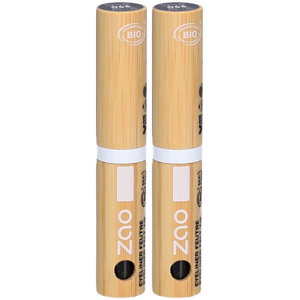 Deux eye-liners en bois clair. Inscription "ZAO EYELINER FEUTRE". "066" et logo bio en haut. Pointe noire.